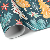 青とオレンジのヴィンテージ水色クリスマスツリー ラッピングペーパー (ロールコーナー)