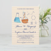 青とオレンジの化学結婚の写真招待状 セーブザデート (スタンド正面)