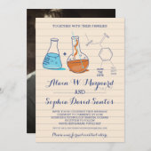 青とオレンジの化学結婚の写真招待状 セーブザデート (正面/裏面)