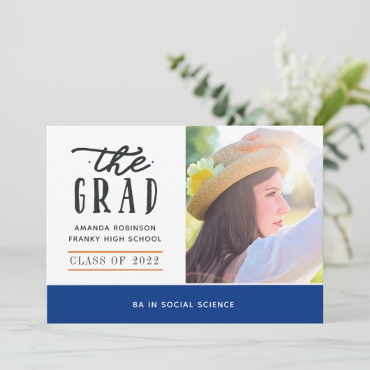 青とオレンジの卒業写真のお知らせ 案内状 (スタンド正面)