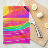 青とオレンジの夕日 キッチンタオル (四つ折り)