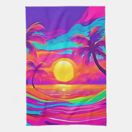 青とオレンジの夕日 キッチンタオル