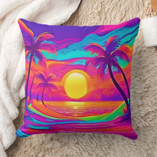 青とオレンジの夕日 クッション (ブランケット)