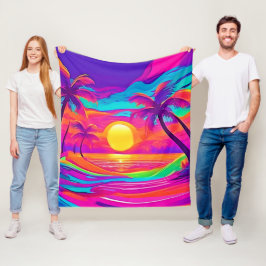 青とオレンジの夕日 フリースブランケット