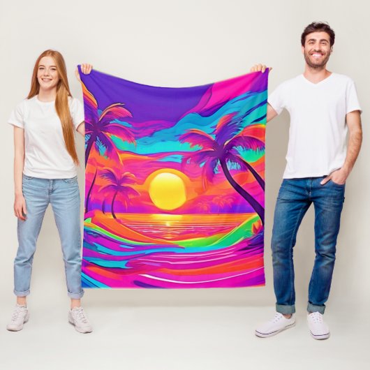 青とオレンジの夕日 フリースブランケット (インサイチュ)