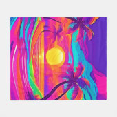 青とオレンジの夕日 フリースブランケット (正面(横))