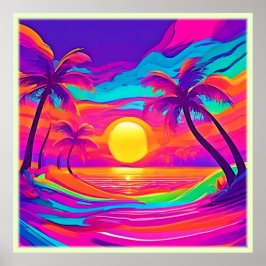 青とオレンジの夕日 ポスター