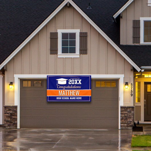 青とオレンジの学校のカラー卒業 横断幕