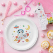 青とオレンジの宇宙飛行士パンダ ペーパープレート (パーティー)