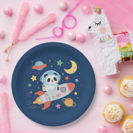 青とオレンジの宇宙飛行士パンダ ペーパープレート (パーティー)