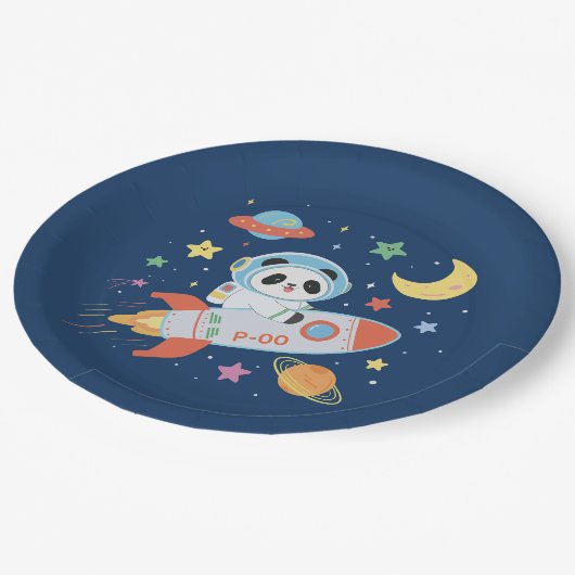 青とオレンジの宇宙飛行士パンダ ペーパープレート (アングル)