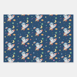 青とオレンジの宇宙飛行士パンダ ラッピングペーパーシート