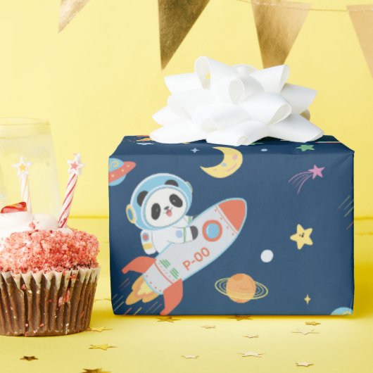 青とオレンジの宇宙飛行士パンダ ラッピングペーパー (誕生日パーティー)