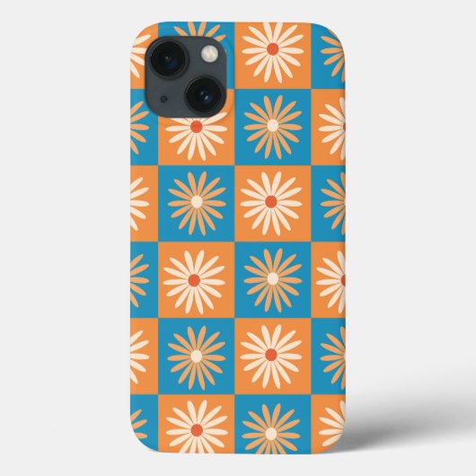 青とオレンジの市松模様に咲くレトロフラワー Case-Mate iPhoneケース (裏面)