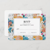 青とオレンジの手の花絵を描 – ウェディングRSVP 出欠カード (正面/裏面)