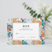 青とオレンジの手の花絵を描 – ウェディングRSVP 出欠カード (スタンド正面)