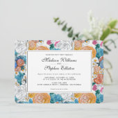 青とオレンジの手の花色彩の鮮やか-結婚's 招待状 (スタンド正面)