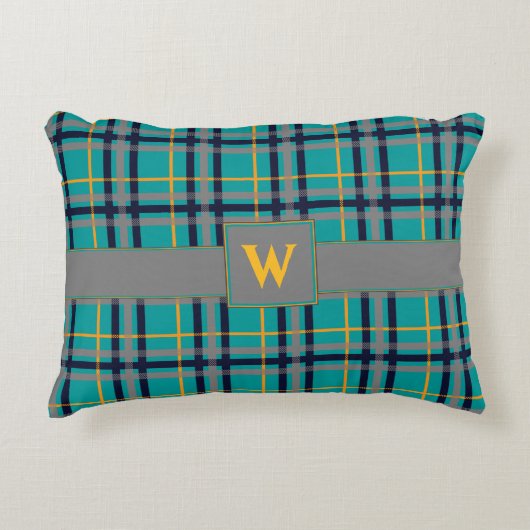 青とオレンジの格子枕 アクセントクッション (正面)