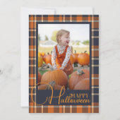 青とオレンジの格子模様のハッピーハローウィン写真 シーズンカード (正面)