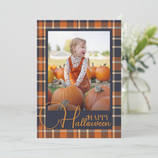青とオレンジの格子模様のハッピーハローウィン写真 シーズンカード (スタンド正面)