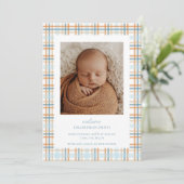 青とオレンジの格子状ベビー発表 案内状 (スタンド正面)