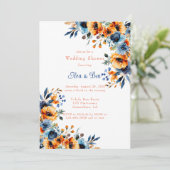 青とオレンジの水カラーフローラウェディングシャワー 招待状 (スタンド正面)