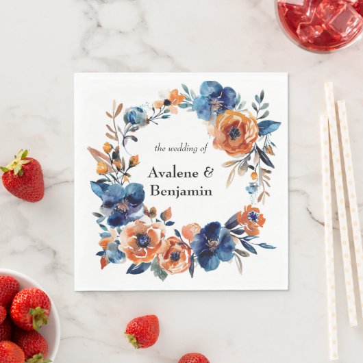 青とオレンジの水色のフローラ結婚の スタンダードランチョンナプキン (インサイチュ)