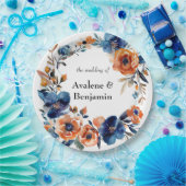 青とオレンジの水色のフローラ結婚の ペーパープレート (パーティー)