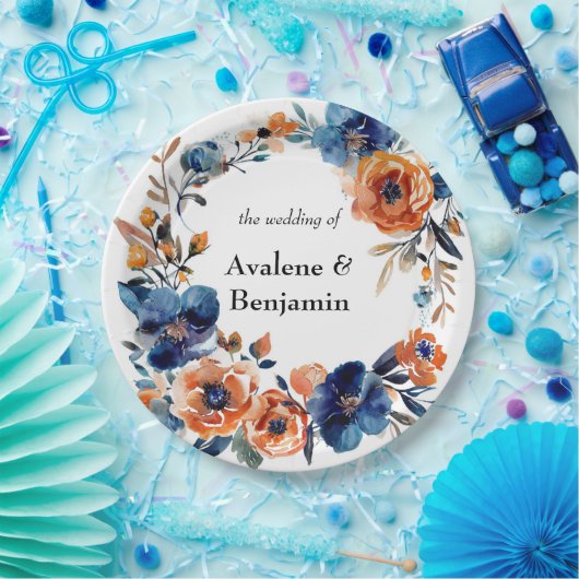 青とオレンジの水色のフローラ結婚の ペーパープレート (パーティー)