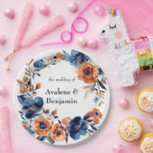 青とオレンジの水色のフローラ結婚の ペーパープレート (パーティー)