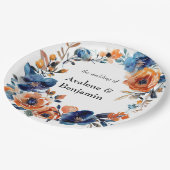 青とオレンジの水色のフローラ結婚の ペーパープレート (アングル)