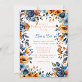 青とオレンジの水色のフローラ結婚の 招待状 (正面)
