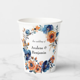 青とオレンジの水色のフローラ結婚の 紙コップ