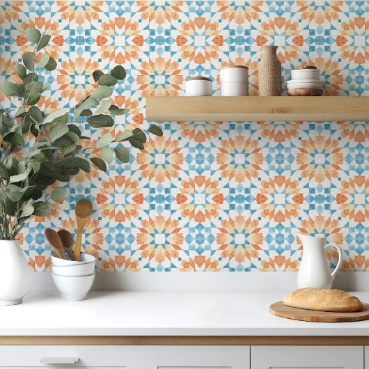 青とオレンジの水色のモロッコタイル タイル
