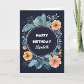 青とオレンジの水色の花の誕生日 カード (正面)