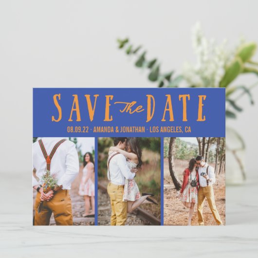 青とオレンジの結婚式の日付の写真を保存 セーブザデート (スタンド正面)