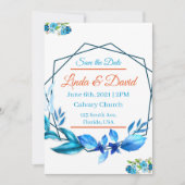 青とオレンジの結婚式の日付を保存 招待状 (正面)