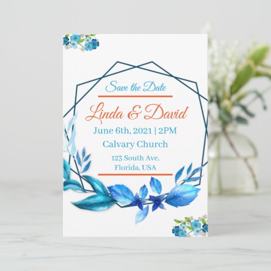 青とオレンジの結婚式の日付を保存 招待状 (スタンド正面)