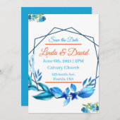 青とオレンジの結婚式の日付を保存 招待状 (正面/裏面)