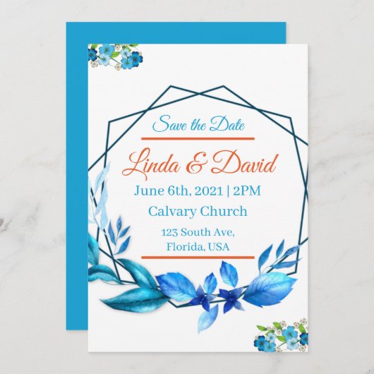 青とオレンジの結婚式の日付を保存 招待状 (正面/裏面)