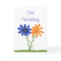 青とオレンジの結婚式招待状、花