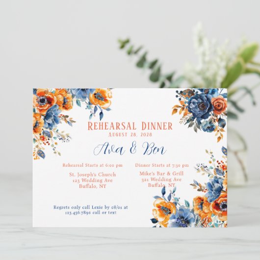 青とオレンジの絵を描フローラリハーサルディナー 招待状 (スタンド正面)