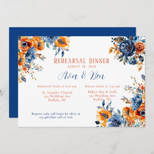 青とオレンジの絵を描フローラリハーサルディナー 招待状 (正面/裏面)