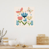 青とオレンジの色合いの花模様 ポスター (キッチン)