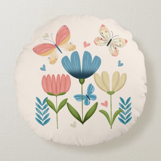 青とオレンジの色合いの花模様 ラウンドクッション (正面)