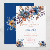 青とオレンジの花のウェディング カップルシャワー 招待状 (正面/裏面)