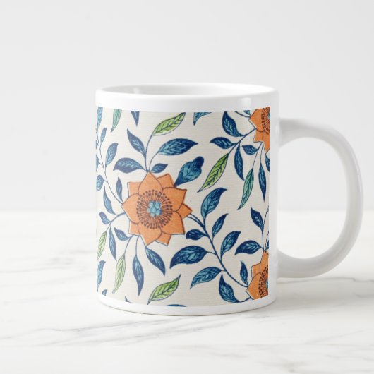 青とオレンジの花のパターン ジャンボコーヒーマグカップ (右)