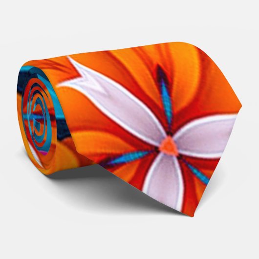 青とオレンジの花のパターン ネクタイ (ロール)