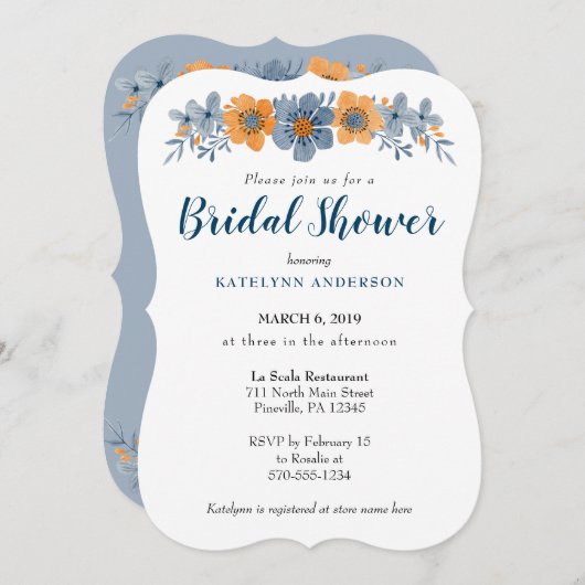 青とオレンジの花のブライダルシャワー招待状 招待状 (正面/裏面)