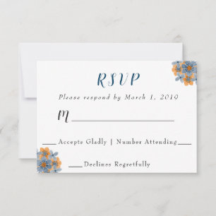 青とオレンジの花の結婚式RSVPレスポンスカード 出欠カード